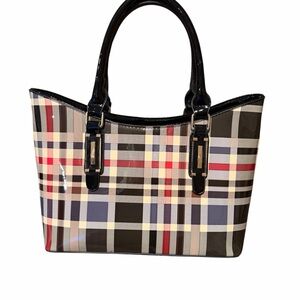 Patent Leather Plaid Fashion Tote Bag with Crossbody Strap